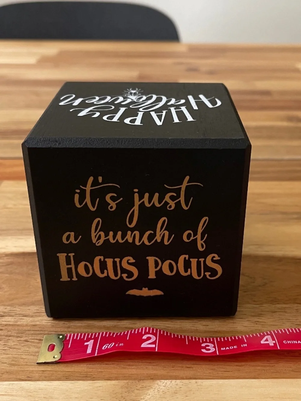 Halloween phrases wood cube - black with orange and white font
